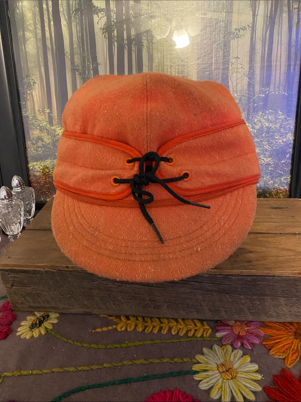 Vintage wool Orange hunting Hat with Lacing, needs cleaning